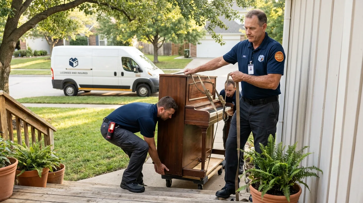 Licensed piano movers securing grand piano in Stuart, FL