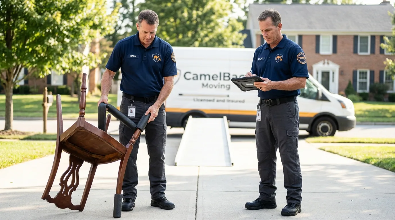 Movers inspecting furniture for damage prevention before loading in Stuart, FL