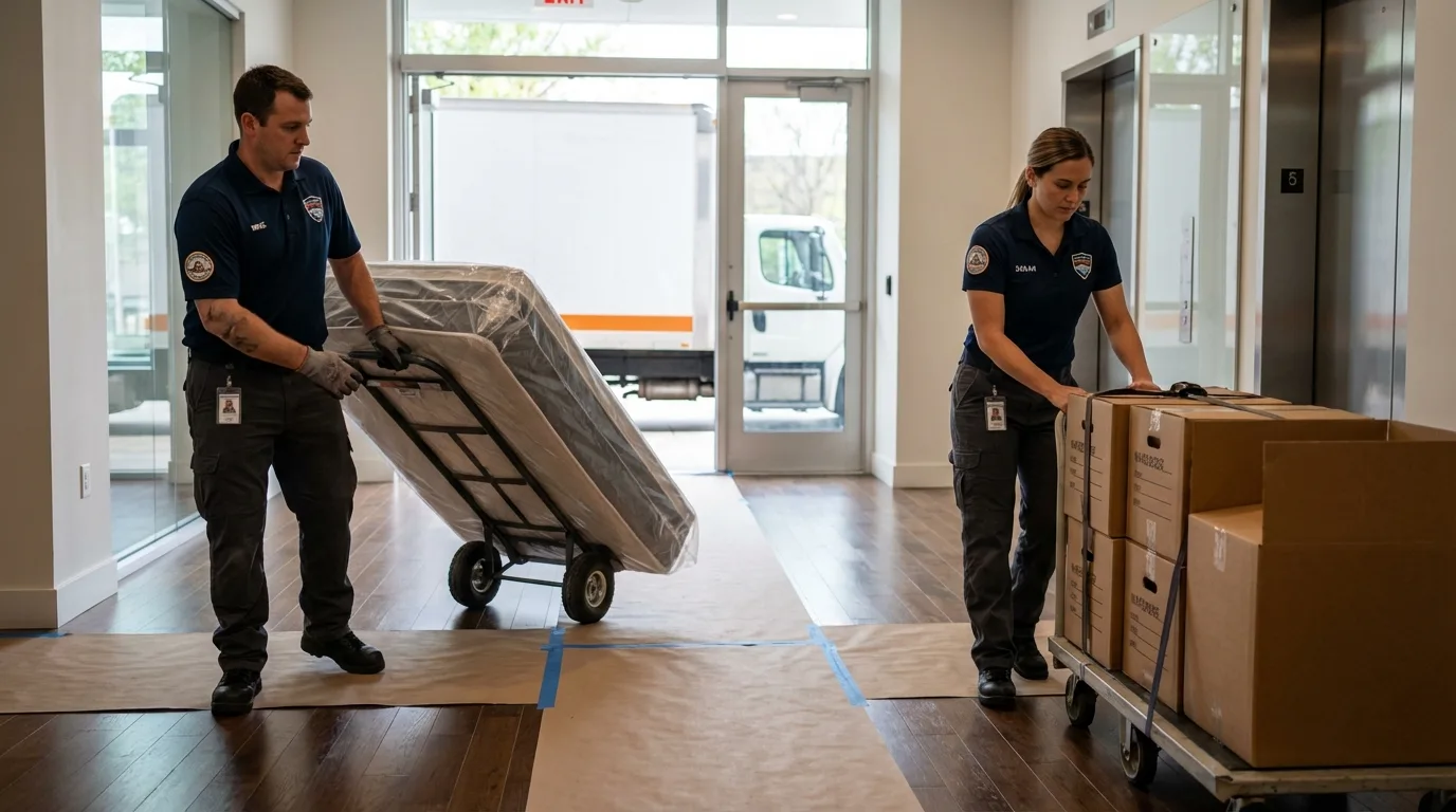 Professional apartment movers loading elevator in Stuart, FL